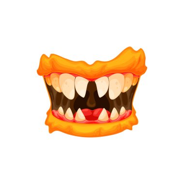 Monster mouth, creepy zombie or alien roar jaws with sharp yellow teeth and orange lips isolated cartoon icon.Vector Halloween creature roaring mouth, ogre mutant devil tongue, toothy smile