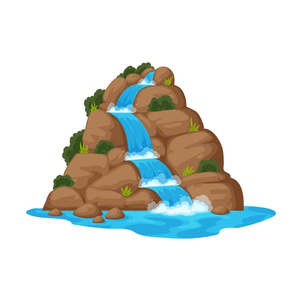 Cartoon Cliff Water Cascade Flow Mountain Forest Scenery Green Bushes — 스톡 벡터