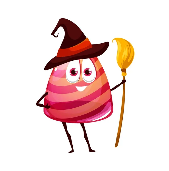 Cartoon Halloween Candy Witch Broom Hat Striped Caramel Bonbon Vector — Stock vektor