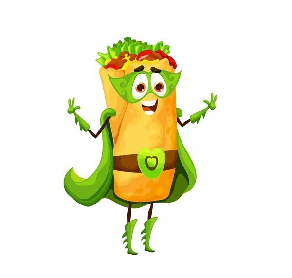 Personaje Superhéroe Burrito Mexicano Dibujos Animados Comida Rápida Comida Mexicana — Vector de stock