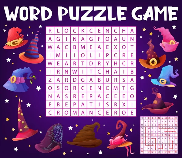 Halloween Wizard Witch Hats Word Search Puzzle Game Worksheet Kids — Stock Vector