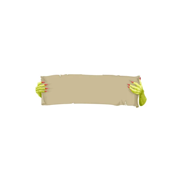 Dead Creature Grabs Zombie Hands Parchment Scroll Isolated Cartoon Halloween — Stock vektor