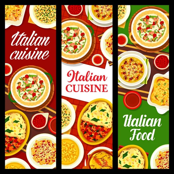 Italian Cuisine Food Banners Italy Restaurant Pasta Dishes Meals Vector — Stok Vektör