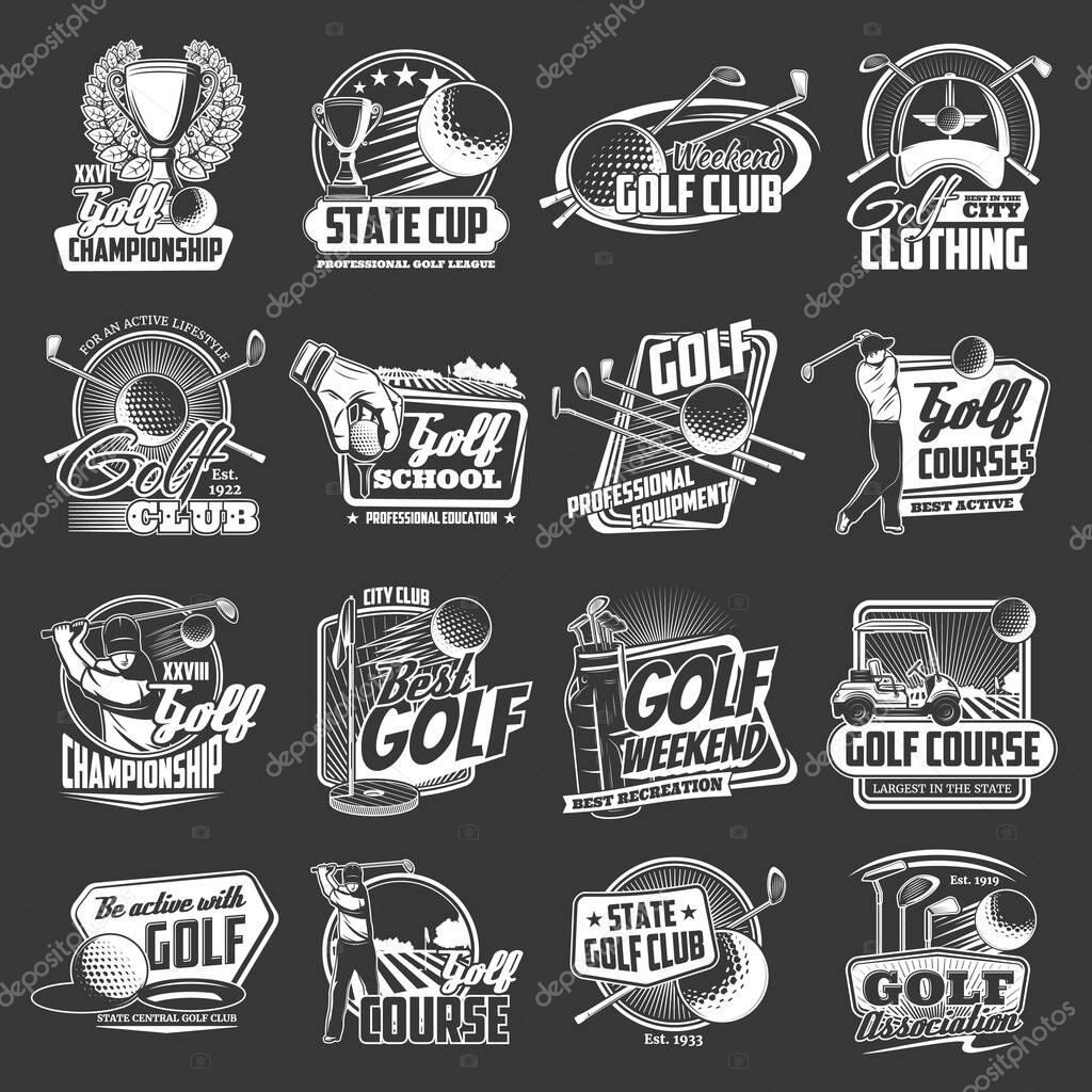 Golf icons, sport club championship cup of league team, vector emblems. Golf club and school tournament, golfer equipment balls and bats, sport recreation activity and training on course