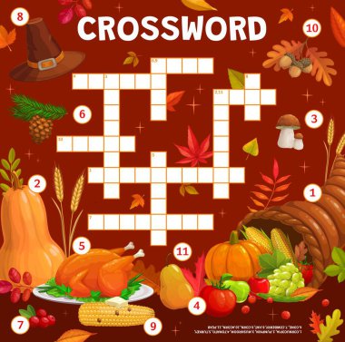 Thanksgiving cornucopia, autumn harvest and potluck crossword puzzle worksheet, find a word quiz. Vector cross word with pumpkin, mushroom, tomato, turkey and cone, cowberry, hat, corn, acorn or pear