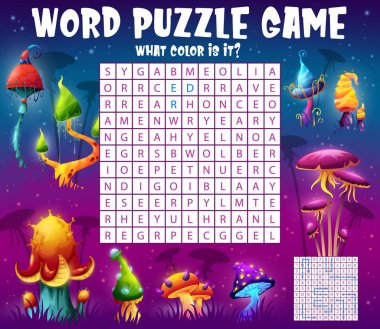 Kelime arama bulmacası çalışma tablosu, mantar kapaklarının rengini bulmak, vektör çocukların bilmecelerini bulmak. Sihirli mantar ormanlarında parlayan mantar renklerini aramak ve bulmak için oyun ızgarası