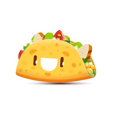Çizgi film tacos kawaii karakteri, komik vektör tex mex fast food kişiliği. Meksika yemeği marul, tavuk ve sebzelerle dolu. Mutlu gözlerle atıştırmak ve çocuk menüsü için gülümseyen yüz, yemek servisi.