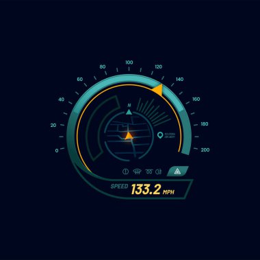 Futuristic car speedometer gauge dial with navigation map. Automobile speed meter futuristic vector display with navigation route pointer. Vehicle tachometer indicator or car speedometer digital gauge