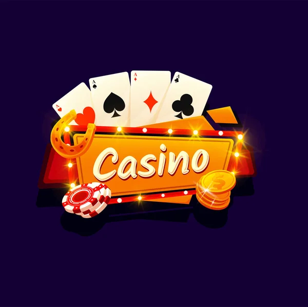 Casino Gamble Game Poker Cards Signboard Gold Coins Chips Vector — Vector de stock