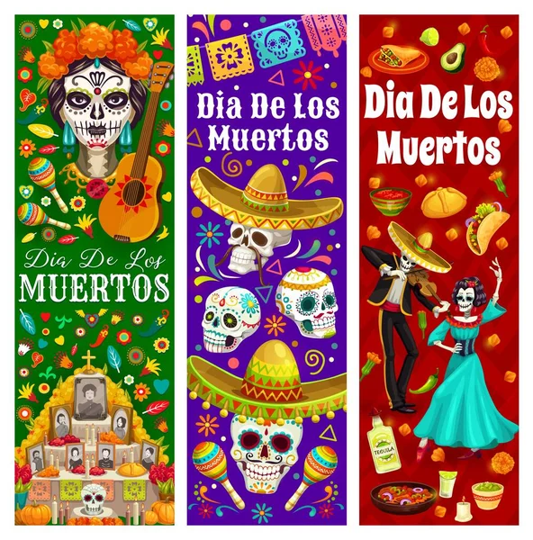 Mexican Day Dead Dia Los Muertos Holiday Personages Food Vector — 스톡 벡터