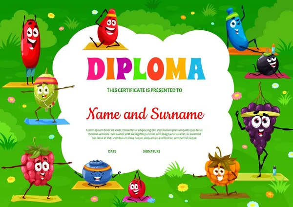 Kids Diploma Cartoon Berry Characters Yoga Fitness Vector Education Certificate — 图库矢量图片