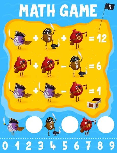 Cartoon Fruit Piraat Corsair Personages Wiskunde Spel Werkblad Vector Kinderen — Stockvector