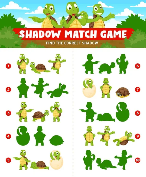 Shadow Match Game Cartoon Turtles Cheerful Tortoise Animal Characters Vector — ストックベクタ