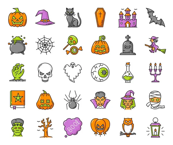 Halloween Vázlat Szellem Tök Zombi Boszorkány Pókháló Bagoly Ijesztő Karakter — Stock Vector