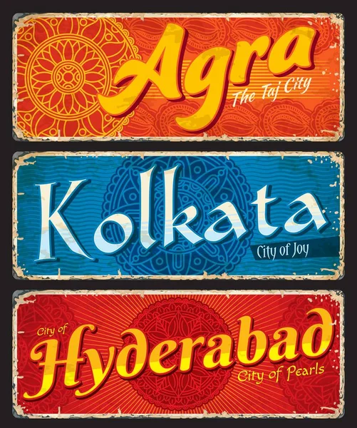 Agra Kolkata Hyderabad Cidade Indiana Viagens Adesivos Placas Sinais Vetor — Vetor de Stock