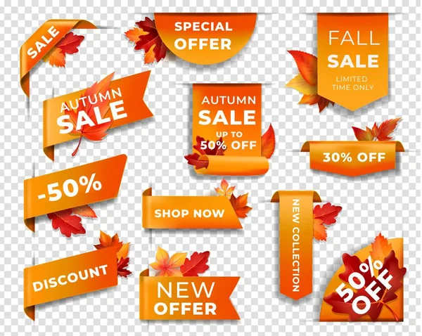 Labels Banners Ribbon Corners Autumn Leaves Isolated Vector Tags Fall — Stock Vector