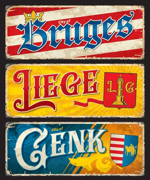 Liege Bruges Genk Bélgica Viagem Cidade Adesivos Placas Etiquetas Bagagem — Vetor de Stock