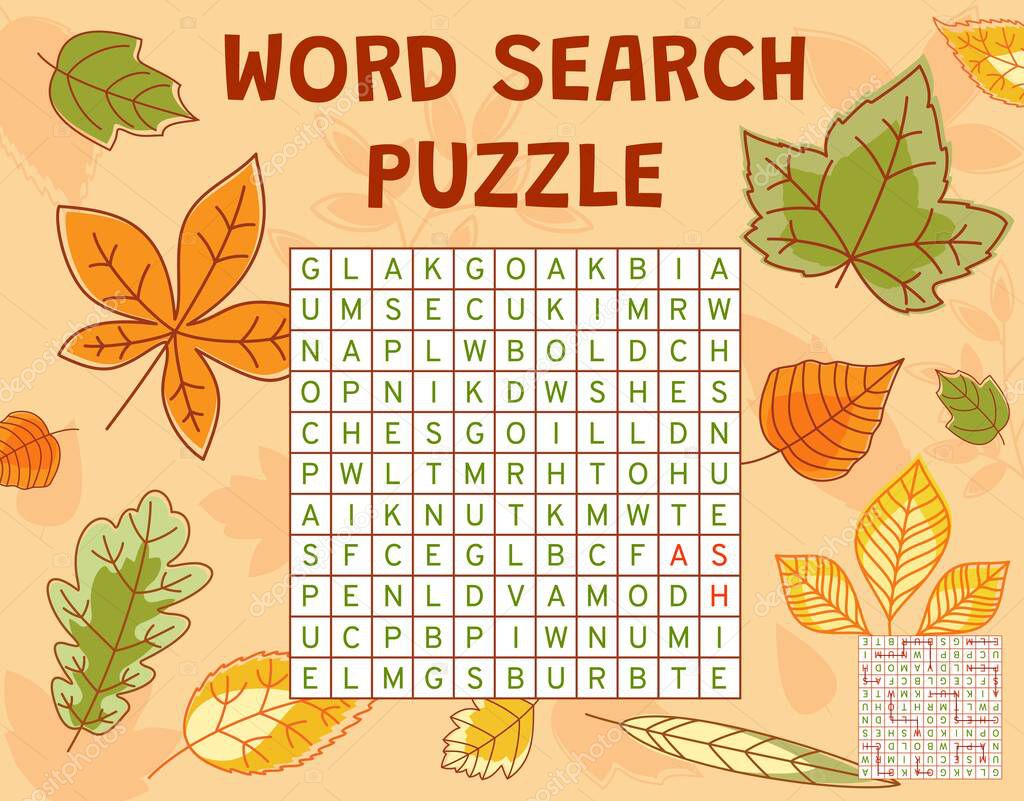 Autumn tree leaves word search puzzle game worksheet, quiz grid. Vector kids crossword, brainteaser for children with maple, oak, birch and chestnut, willow, aspen or elm, ash, viburnum fall leaves