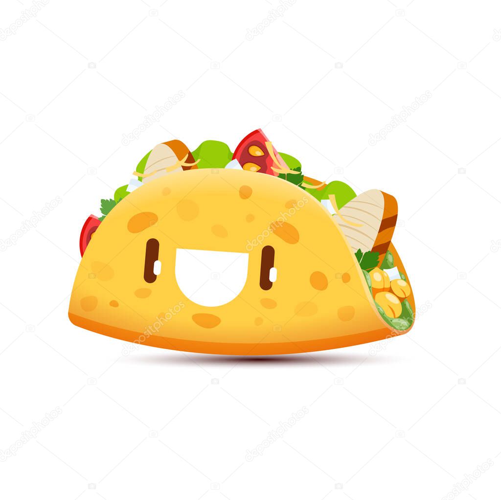 Cartoon tacos kawaii character, funny vector tex mex fast food personage. Mexican meal filled with lettuce, chicken and vegetables. Snack with happy eyes and smiling face for kids menu, takeaway dish