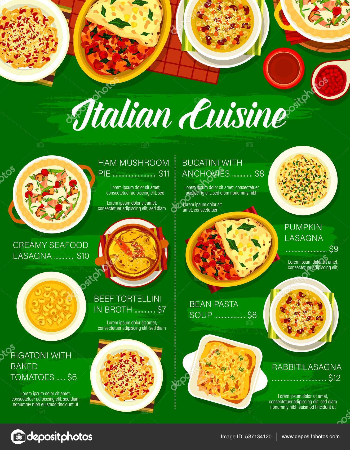 Italian Food Menu Italy Cuisine Restaurant Pasta Dishes Meals Vector