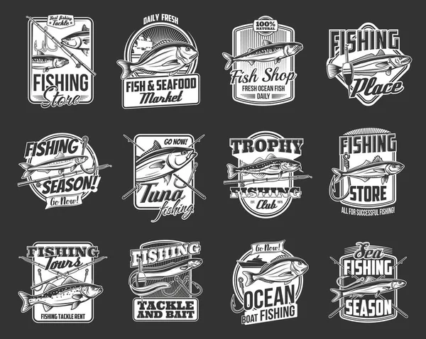 Fishing Store Sport Monochrome Icons Isolated Vector Fish Fisherman Tackle — Image vectorielle