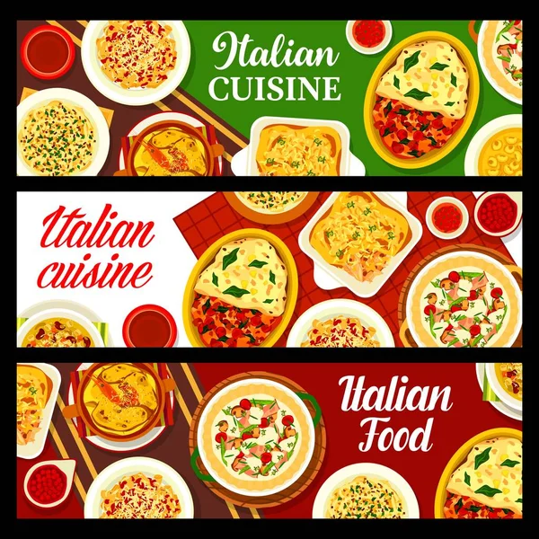 Comida Italiana Cocina Italiana Restaurante Platos Pasta Comidas Banderas Vectoriales — Vector de stock