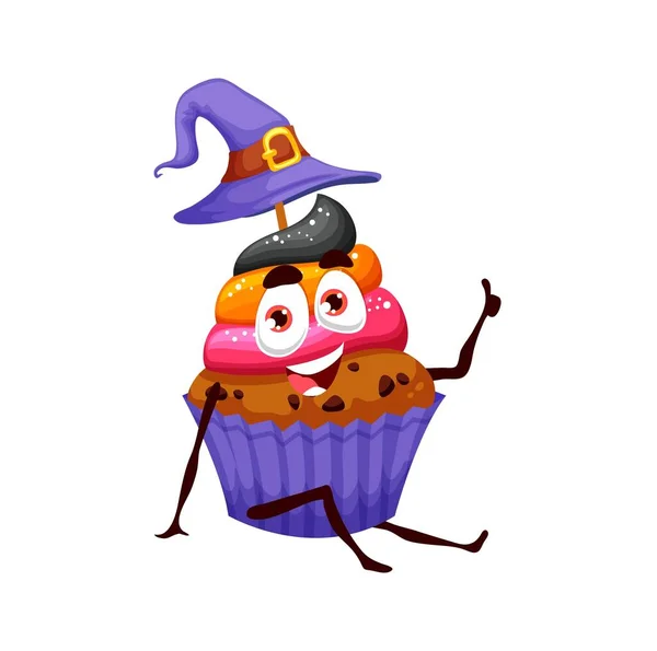 Cartoon Halloween Purple Witch Cupcake Vector Muffin Wizard Hat Festive — ストックベクタ