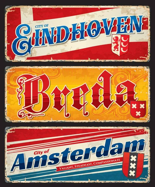 Amsterdã Breda Eindhoven Holandês Cidade Viagens Adesivos Placas Vetor Vintage — Vetor de Stock