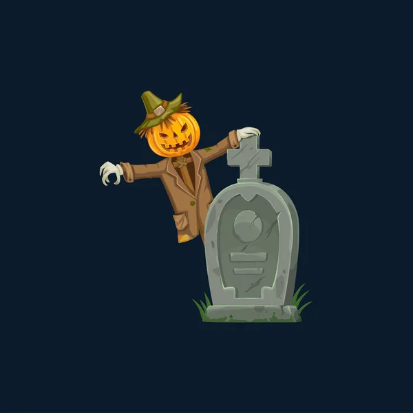 Cartoon Scarecrow Pumpkin Head Gave Tombstone Cemetery Isolated Vector Creepy — ストックベクタ