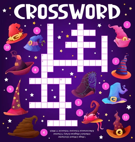 Witch Wizard Hats Crossword Puzzle Worksheet Find Word Quiz Game — Stock Vector