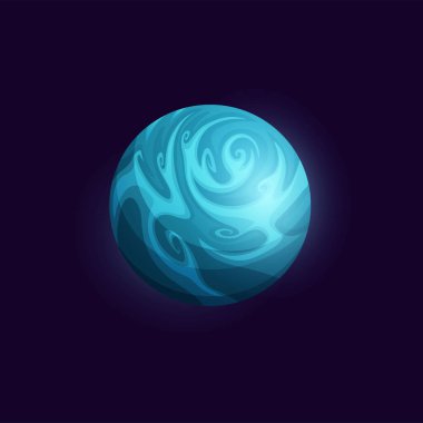 Space planet with blue oceans and icebergs, fantasy galaxy for cartoon game, vector. Alien planet or asteroid star of ice, universe cosmos and fantastic satellite with craters of frozen ice