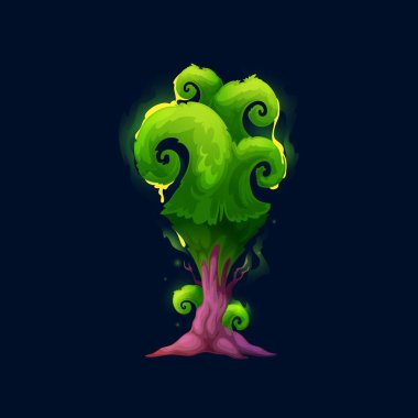 Fantastic alien magic tree, cartoon luminous forest and fantasy world. Isolated vector fairytale tree plant or glowing luminescent mushroom toadstool and green slime with mystery light