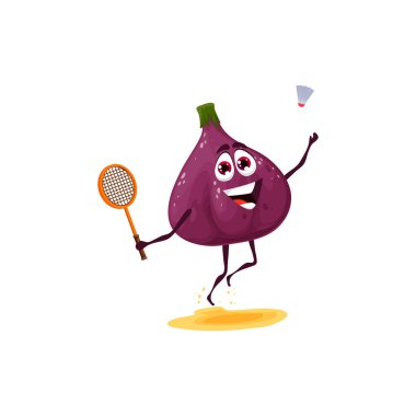 Karikatür inciri raket ve mekikle badminton oynuyor. Güler yüzlü, kumsalda raketle servis yapan tropik meyve karakteri egzotik böğürtlen badminton oyuncusu.