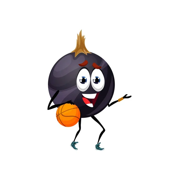 Cartoon Black Currant Playing Basketball Funny Vector Sportsman Berry Character — Vettoriale Stock