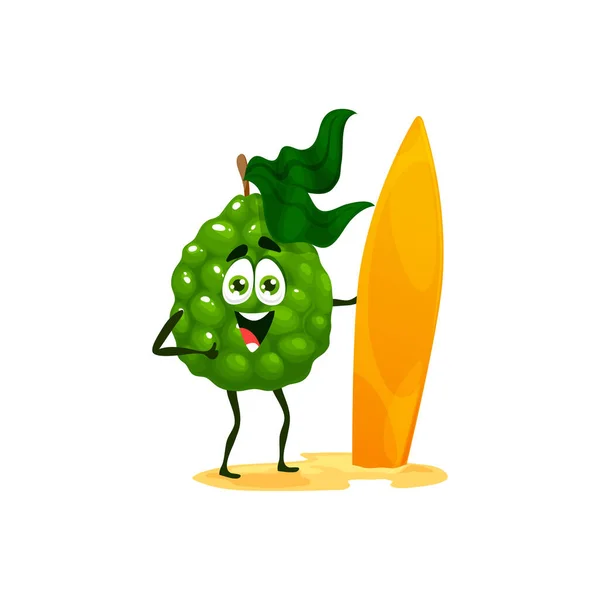 Cartoon Vrolijke Bergamot Fruit Karakter Met Surfplank Vector Tropische Limoen — Stockvector
