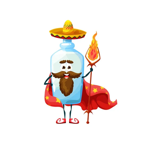 Cartoon Mexican Pulque Magician Character Isolated Vector Tequila Bottle Magic — Stockový vektor
