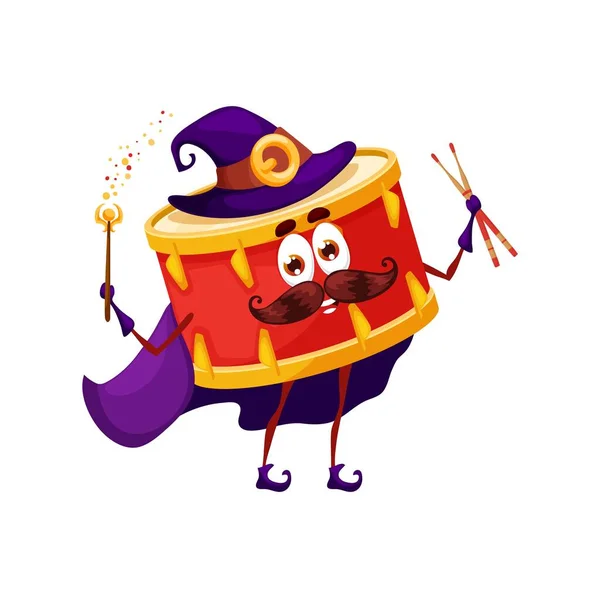 Cartoon Drum Wizard Character Isolated Vector Magician Percussion Instrument Wand — Stock vektor