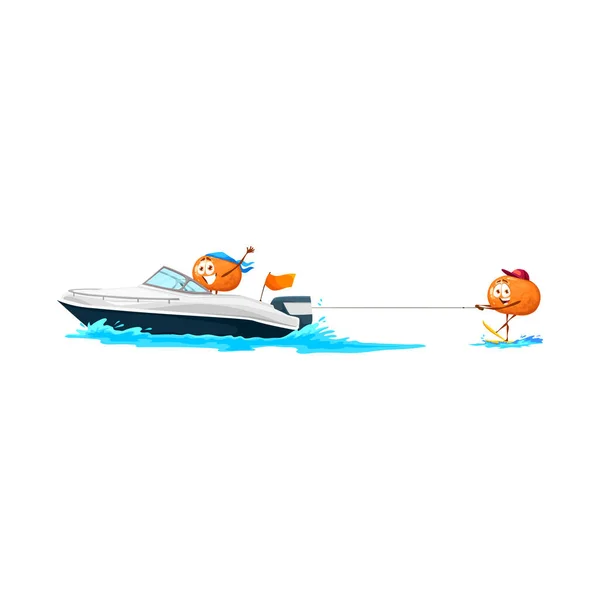 Cartoon Lustige Mandarinenfrüchte Auf Jetski Vektor Zitrussportlerfigur Auf Wasserski Auf — Stockvektor