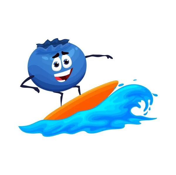 Cartoon Blueberry Character Surfboard Sea Wave Vector Summer Vacations Fun — Stock vektor