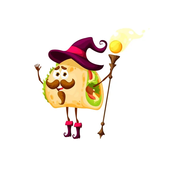 Cartoon Tacos Wizard Character Happy Vector Mexican Food Necromancer Magic — Archivo Imágenes Vectoriales
