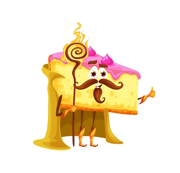 Cartoon Cheesecake Wizard Character Cute Dessert Sorcerer Personage Magic Scepter — ストックベクタ