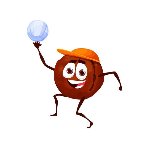 Cartoon Macadamia Nut Character Playing Volleyball Ball Vector Kids Personage — Stockvektor