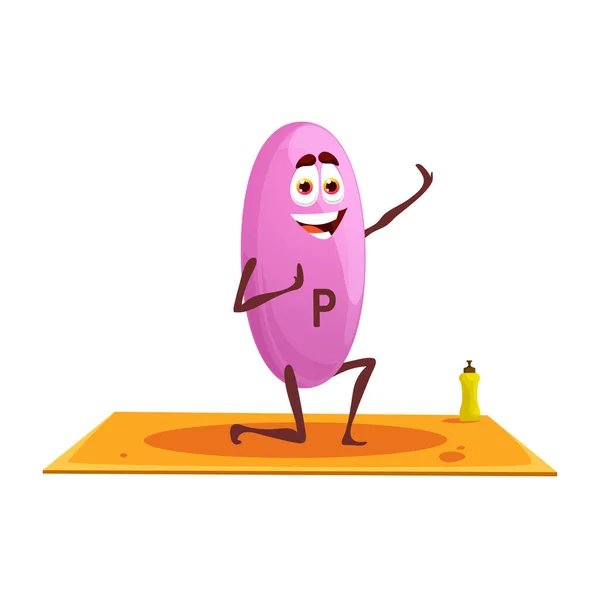 Cartoon Cheerful Phosphorus Character Yoga Funny Smiling Vector Micronutrient Capsule — Stock Vector