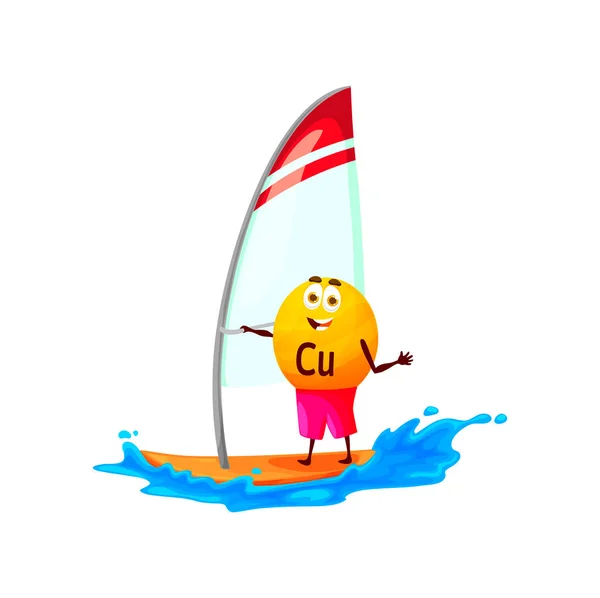 Cartoon Copper Cuprum Micronutrient Windsurfing Funny Vector Sportsman Element Character — Stock Vector