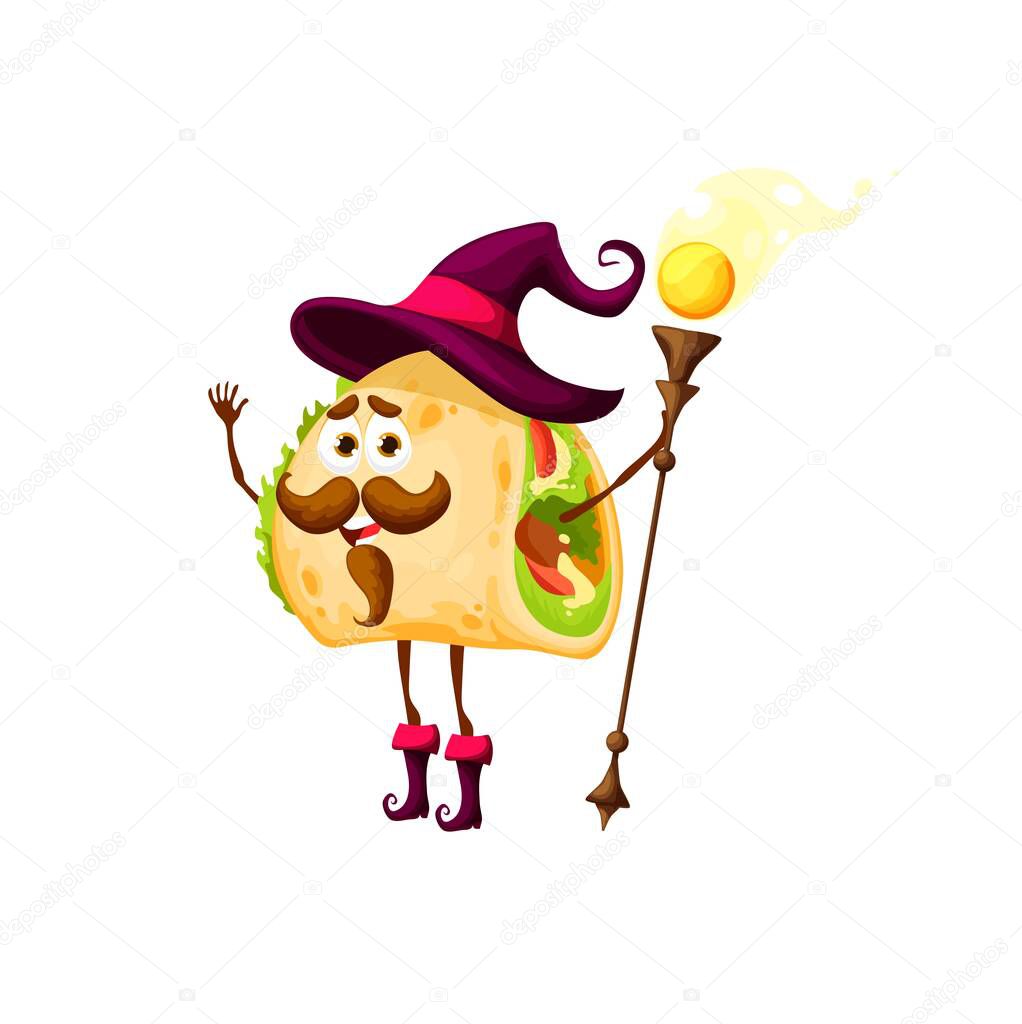 Cartoon tacos wizard character. Happy vector mexican food necromancer with magic staff, funny magician in hat make spell. Funny tex mex snack sorcerer, fairy tale enchanter, isolated magical personage