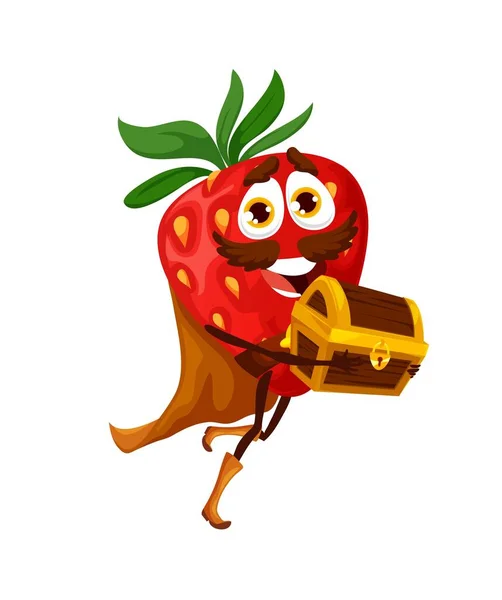 Cartoon Strawberry Pirate Treasure Chest Happy Vector Berry Corsair Character — Stockvector