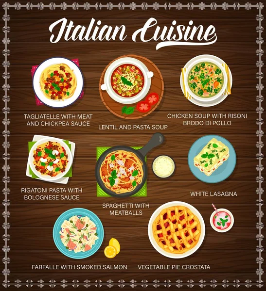 Italian Food Cuisine Restaurant Menu Pasta Dishes Meals Vector Poster — Stock Vector