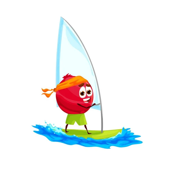 Cartoon Cranberry Character Windsurfing Board Vector Summer Vacations Funny Cute — Vettoriale Stock