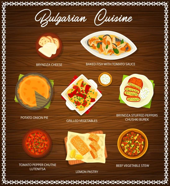 Bulgaarse Keuken Menu Bulgarije Restaurant Gerechten Vector Diner Lunch Maaltijden — Stockvector
