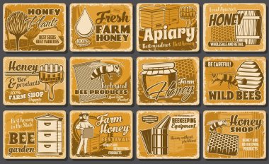 Honey beekeeping apiary, beekeeper hives and honeycomb, vector retro posters or metal plates. Apiary farm and beekeeper gathering honey from hives and honeycombs, beekeeping equipment and bee products